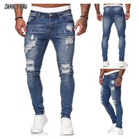 Streetwear moda czarne porwane jeansy męskie Skinny Slim Fit niebieskie spodnie jeansowe hip-hopowe dżinsy męskie Jogging jean homme 6